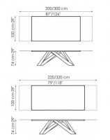 Dimensions for the Big Table 200cm (extending to 300cm) and 220cm (extending to 320cm).